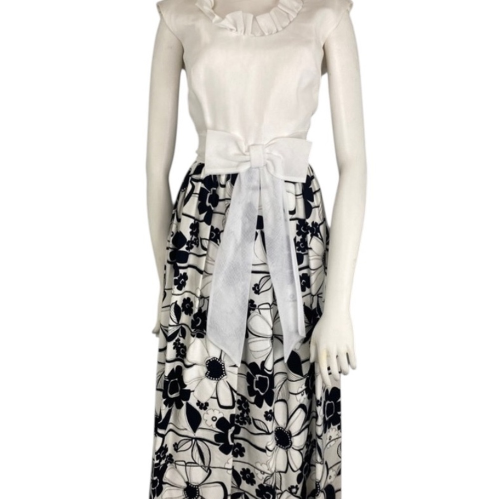 Vintage 1960s Mod Miss Elliette Black & White Floral Maxi Dress With Bow Ruffle